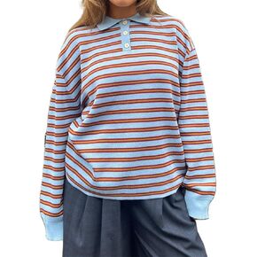 Women Y2k Striped Rugby Polo Shirt Knit Vinatge Tops Long Sleeve Button Collared Neck Preppy Pullover Sweatshirt in Saudi Arabia