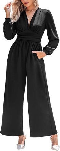 CUPSHE Women's One Piece Jumpsuits V Neck Long Lantern Sleeve Overalls Wide Leg Pants High Waist Rompers Vacation Outfits in Saudi Arabia