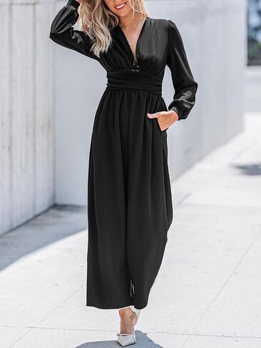 CUPSHE Women's One Piece Jumpsuits V Neck Long Lantern Sleeve Overalls Wide Leg Pants High Waist Rompers Vacation Outfits in Saudi Arabia