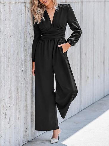 CUPSHE Women's One Piece Jumpsuits V Neck Long Lantern Sleeve Overalls Wide Leg Pants High Waist Rompers Vacation Outfits in Saudi Arabia