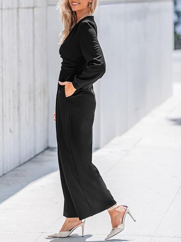 CUPSHE Women's One Piece Jumpsuits V Neck Long Lantern Sleeve Overalls Wide Leg Pants High Waist Rompers Vacation Outfits in Saudi Arabia