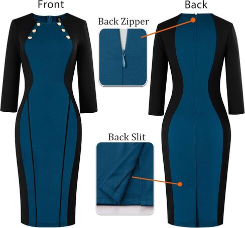 VFSHOW Womens Business Casual Office Work Buttons 3/4 Sleeve Colorblock Cocktail Party Fitted Pencil Sheath Dress in Saudi Arabia