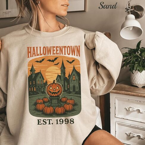 مؤسسة جامعة الهالوين تاون. سويت شيرت 1998 - سويت شيرت ريترو خريف الهالوين للنساء، مريح بياقة دائرية للموسم المخيف، قميص Witchy Hocus Pocus باللون الأبيض in Kuwait