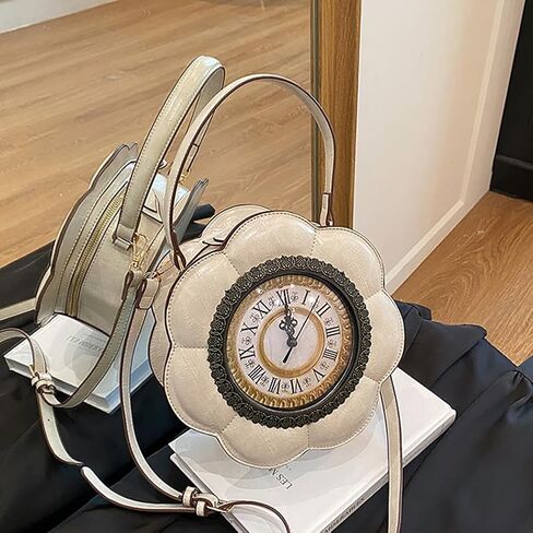 Unique Flower Shaped Clock Handbag with Roman Numerals, PU Leather Top Handle Purse, Novelty Fashion Round Watch Shoulder Bag in Saudi Arabia
