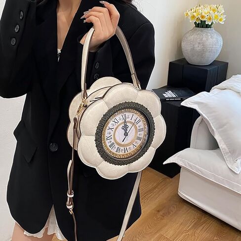 Unique Flower Shaped Clock Handbag with Roman Numerals, PU Leather Top Handle Purse, Novelty Fashion Round Watch Shoulder Bag in Saudi Arabia