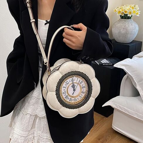 Unique Flower Shaped Clock Handbag with Roman Numerals, PU Leather Top Handle Purse, Novelty Fashion Round Watch Shoulder Bag in Saudi Arabia