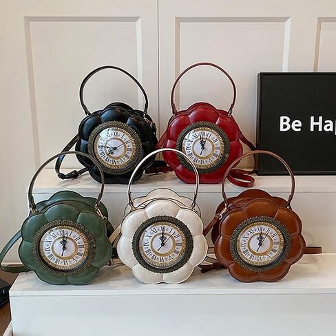 Unique Flower Shaped Clock Handbag with Roman Numerals, PU Leather Top Handle Purse, Novelty Fashion Round Watch Shoulder Bag in Saudi Arabia