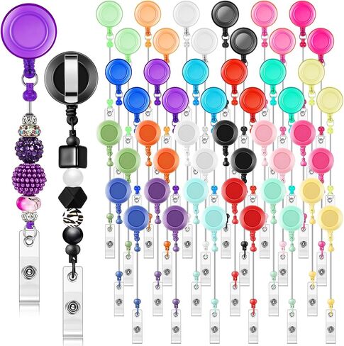 50 Pcs Beadable Badge Reel Retractable Clips Holder for Beads Bulk Blank Bar ID Name Badge Reels with Belt Clip Beadable Items Jewelry DIY Gift for Nurse Teacher Office Supplies in Saudi Arabia