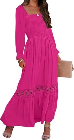 ZESICA Women's 2025 Boho Long Sleeve Square Neck Smocked High Waist Flowy A Line Lace Trim Maxi Dress in Saudi Arabia