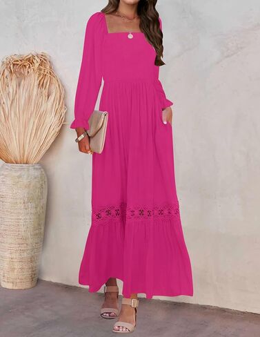 ZESICA Women's 2025 Boho Long Sleeve Square Neck Smocked High Waist Flowy A Line Lace Trim Maxi Dress in Saudi Arabia