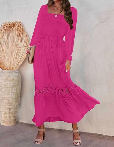 ZESICA Women's 2025 Boho Long Sleeve Square Neck Smocked High Waist Flowy A Line Lace Trim Maxi Dress in Saudi Arabia