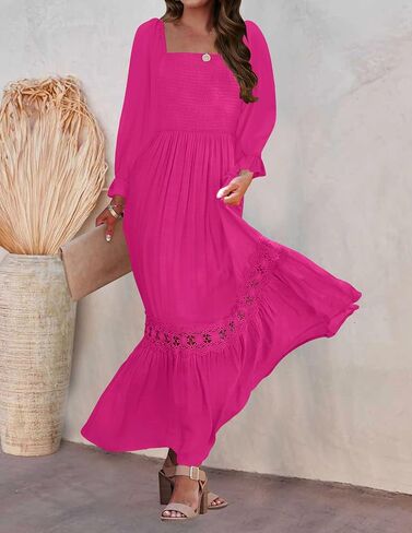 ZESICA Women's 2025 Boho Long Sleeve Square Neck Smocked High Waist Flowy A Line Lace Trim Maxi Dress in Saudi Arabia