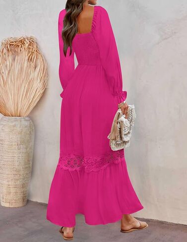ZESICA Women's 2025 Boho Long Sleeve Square Neck Smocked High Waist Flowy A Line Lace Trim Maxi Dress in Saudi Arabia