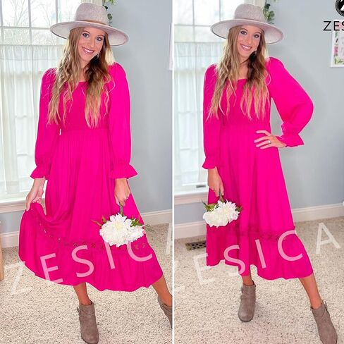 ZESICA Women's 2025 Boho Long Sleeve Square Neck Smocked High Waist Flowy A Line Lace Trim Maxi Dress in Saudi Arabia
