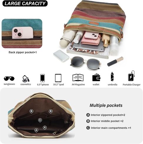 Canvas Hobo Bags for Women Casual Tote Bag Purses and Handbags Multi-Color Striped Crossbody Bags Ladies Top Handle Satchel in Saudi Arabia
