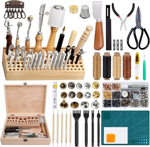 Leather Crafting Tools Leather Working Kit Leather Tool Kit Leather Working Tool Kit with Leather Prong Punch, Leather Hammer, Stitching Groover, Leather Skiver for Leather Making Projects in Saudi Arabia