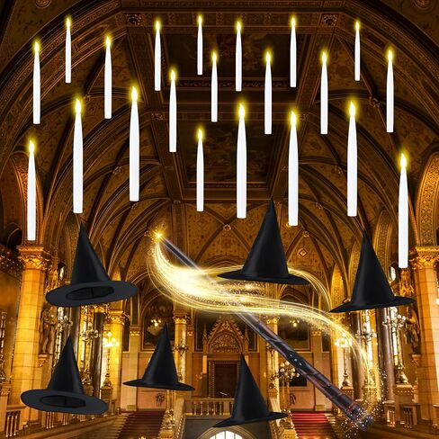 JOYIN 20Pcs Halloween Floating Candles and Witch Hat Light Up with Wand Remote Set Magic Hanging Candles and Wizard Hat with 2 Light Mode and Timer for Halloween Window Ceiling Porch Theme Party Decor in Saudi Arabia