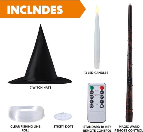JOYIN 20Pcs Halloween Floating Candles and Witch Hat Light Up with Wand Remote Set Magic Hanging Candles and Wizard Hat with 2 Light Mode and Timer for Halloween Window Ceiling Porch Theme Party Decor in Saudi Arabia