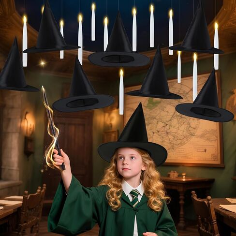 JOYIN 20Pcs Halloween Floating Candles and Witch Hat Light Up with Wand Remote Set Magic Hanging Candles and Wizard Hat with 2 Light Mode and Timer for Halloween Window Ceiling Porch Theme Party Decor in Saudi Arabia