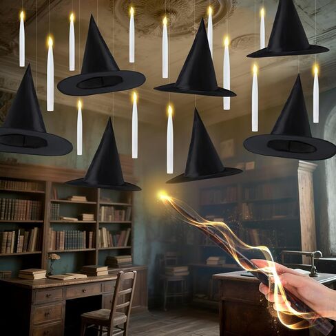 JOYIN 20Pcs Halloween Floating Candles and Witch Hat Light Up with Wand Remote Set Magic Hanging Candles and Wizard Hat with 2 Light Mode and Timer for Halloween Window Ceiling Porch Theme Party Decor in Saudi Arabia