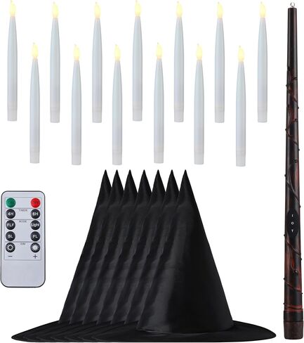 JOYIN 20Pcs Halloween Floating Candles and Witch Hat Light Up with Wand Remote Set Magic Hanging Candles and Wizard Hat with 2 Light Mode and Timer for Halloween Window Ceiling Porch Theme Party Decor in Saudi Arabia