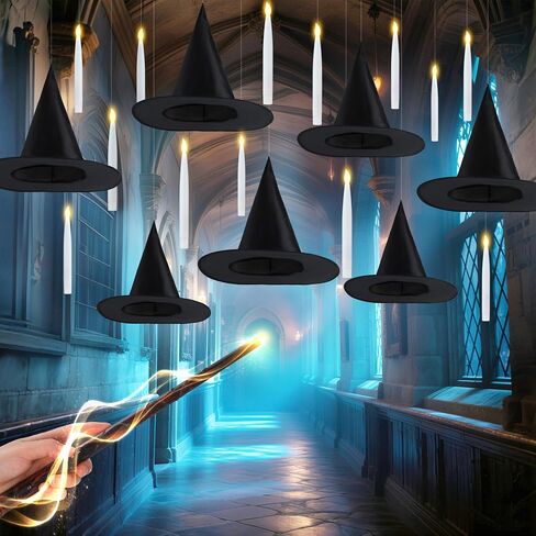 JOYIN 20Pcs Halloween Floating Candles and Witch Hat Light Up with Wand Remote Set Magic Hanging Candles and Wizard Hat with 2 Light Mode and Timer for Halloween Window Ceiling Porch Theme Party Decor in Saudi Arabia