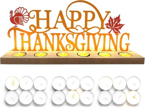 Metal Happy Thanksgiving Sign, Tiered Tray Decor with 18pcs Tealights, Orange Fall Decorations for Home, Office, Shelf, Mantel, Indoor, Table, Autumn Decoration, Turkey and Maple Leaf Decor in Kuwait