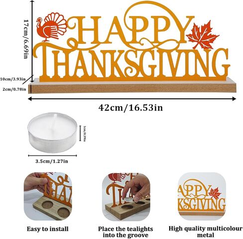 Metal Happy Thanksgiving Sign, Tiered Tray Decor with 18pcs Tealights, Orange Fall Decorations for Home, Office, Shelf, Mantel, Indoor, Table, Autumn Decoration, Turkey and Maple Leaf Decor in Kuwait