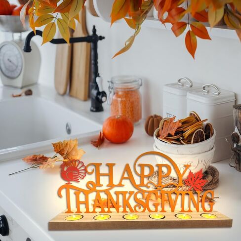 Metal Happy Thanksgiving Sign, Tiered Tray Decor with 18pcs Tealights, Orange Fall Decorations for Home, Office, Shelf, Mantel, Indoor, Table, Autumn Decoration, Turkey and Maple Leaf Decor in Kuwait
