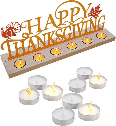 Metal Happy Thanksgiving Sign, Tiered Tray Decor with 18pcs Tealights, Orange Fall Decorations for Home, Office, Shelf, Mantel, Indoor, Table, Autumn Decoration, Turkey and Maple Leaf Decor in Kuwait