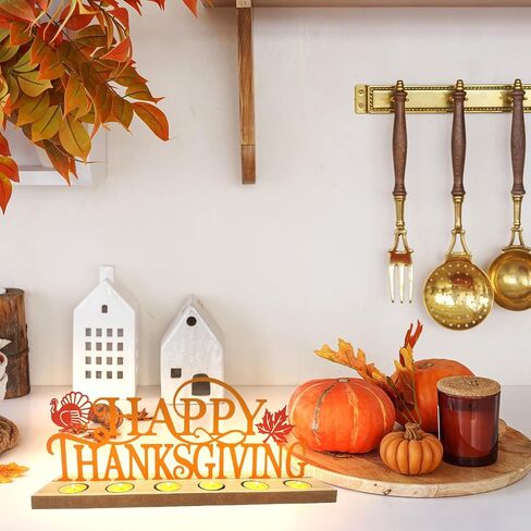 Metal Happy Thanksgiving Sign, Tiered Tray Decor with 18pcs Tealights, Orange Fall Decorations for Home, Office, Shelf, Mantel, Indoor, Table, Autumn Decoration, Turkey and Maple Leaf Decor in Kuwait