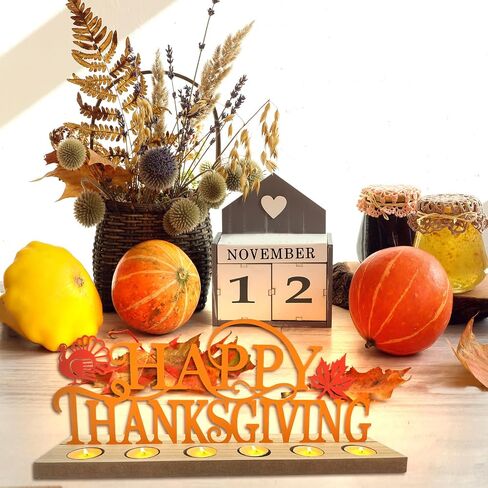 Metal Happy Thanksgiving Sign, Tiered Tray Decor with 18pcs Tealights, Orange Fall Decorations for Home, Office, Shelf, Mantel, Indoor, Table, Autumn Decoration, Turkey and Maple Leaf Decor in Kuwait