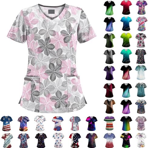 Scrubs for Women V Neck Short Sleeve Printed Tops Cartoon Pattern Plus Size Nursing with Pockets in Saudi Arabia