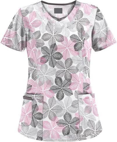 Scrubs for Women V Neck Short Sleeve Printed Tops Cartoon Pattern Plus Size Nursing with Pockets in Saudi Arabia