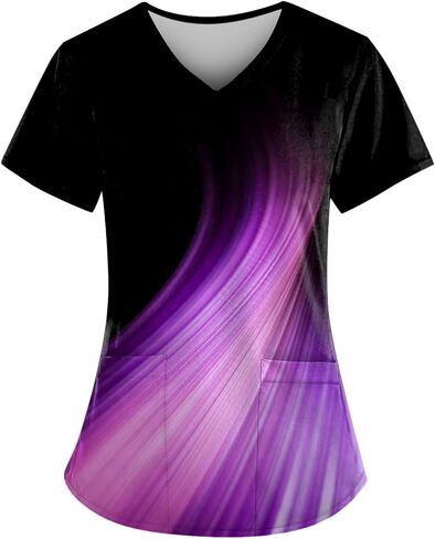 Scrubs for Women V Neck Short Sleeve Printed Tops Cartoon Pattern Plus Size Nursing with Pockets in Saudi Arabia
