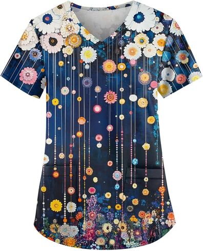 Scrubs for Women V Neck Short Sleeve Printed Tops Cartoon Pattern Plus Size Nursing with Pockets in Saudi Arabia