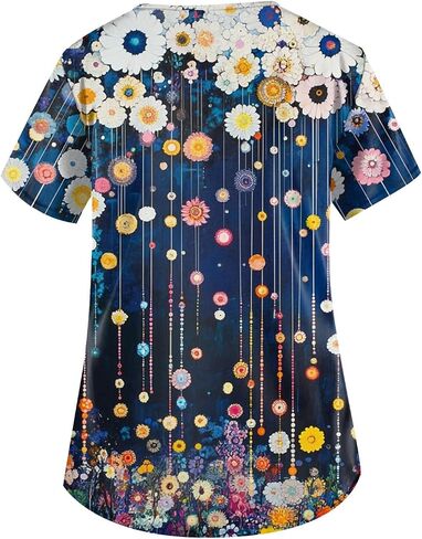 Scrubs for Women V Neck Short Sleeve Printed Tops Cartoon Pattern Plus Size Nursing with Pockets in Saudi Arabia