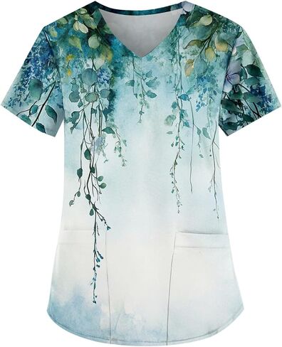 Scrubs for Women V Neck Short Sleeve Printed Tops Cartoon Pattern Plus Size Nursing with Pockets in Saudi Arabia