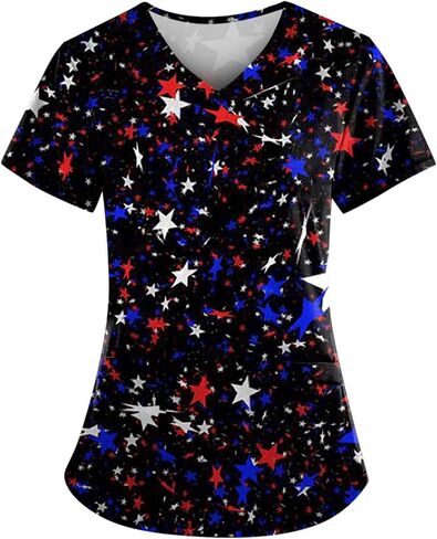 Scrubs for Women V Neck Short Sleeve Printed Tops Cartoon Pattern Plus Size Nursing with Pockets in Saudi Arabia