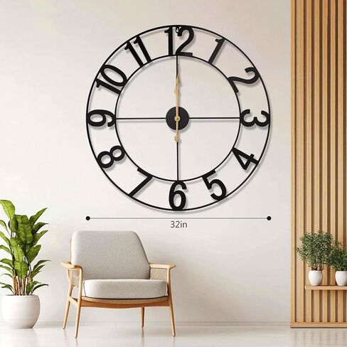 ساعة حائط معدنية كبيرة مقاس 30 بوصة، تعمل بالبطارية، ساعة مزرعة عتيقة صامتة غير موقوتة في الهواء الطلق مع أرقام عربية للفناء وحمام السباحة والحديقة وغرفة المعيشة وديكور المطبخ - أسود in Kuwait