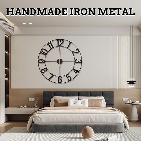 ساعة حائط معدنية كبيرة مقاس 30 بوصة، تعمل بالبطارية، ساعة مزرعة عتيقة صامتة غير موقوتة في الهواء الطلق مع أرقام عربية للفناء وحمام السباحة والحديقة وغرفة المعيشة وديكور المطبخ - أسود in Kuwait