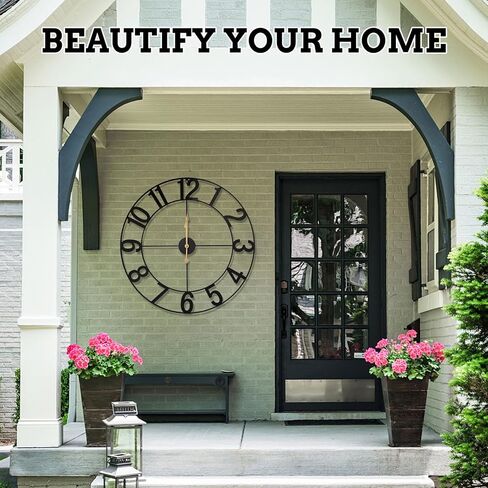 ساعة حائط معدنية كبيرة مقاس 30 بوصة، تعمل بالبطارية، ساعة مزرعة عتيقة صامتة غير موقوتة في الهواء الطلق مع أرقام عربية للفناء وحمام السباحة والحديقة وغرفة المعيشة وديكور المطبخ - أسود in Kuwait