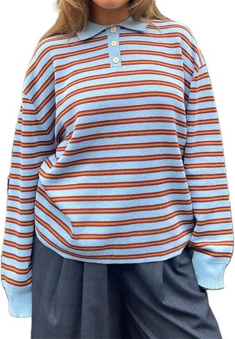 Women Y2k Striped Rugby Polo Shirt Knit Vinatge Tops Long Sleeve Button Collared Neck Preppy Pullover Sweatshirt in Saudi Arabia