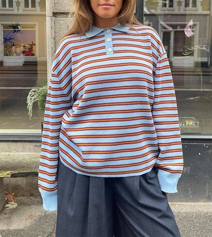 Women Y2k Striped Rugby Polo Shirt Knit Vinatge Tops Long Sleeve Button Collared Neck Preppy Pullover Sweatshirt in Saudi Arabia
