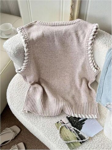 GORGLITTER Women's 2025 Contrast Binding Sweater Vest Crewneck Sleeveless Knit Tank Tops in Saudi Arabia