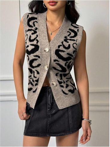 WDIRARA Women's Leopard Sweater Vest Button Down Sleeveless V Neck Knit Tank Tops in Saudi Arabia