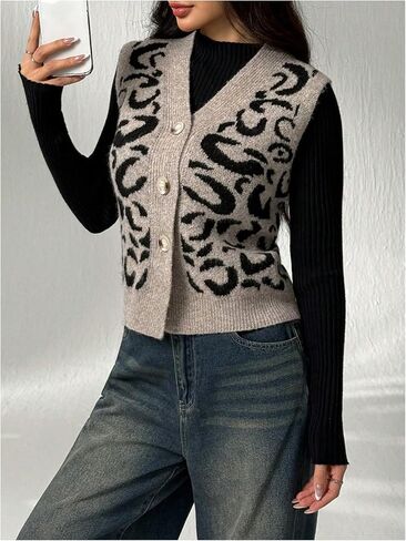 WDIRARA Women's Leopard Sweater Vest Button Down Sleeveless V Neck Knit Tank Tops in Saudi Arabia