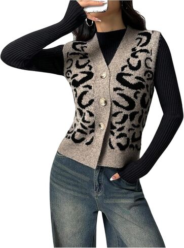 WDIRARA Women's Leopard Sweater Vest Button Down Sleeveless V Neck Knit Tank Tops in Saudi Arabia