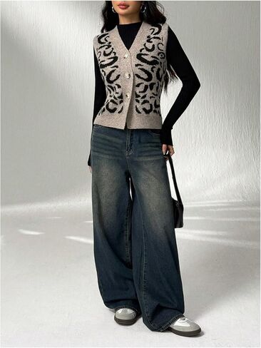 WDIRARA Women's Leopard Sweater Vest Button Down Sleeveless V Neck Knit Tank Tops in Saudi Arabia