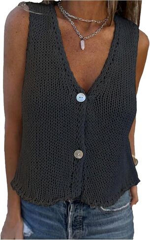OYOANGLE Women's Button Up Crochet Sweater Vest Deep V Neck Sleeveless Knitwear Tops in Saudi Arabia